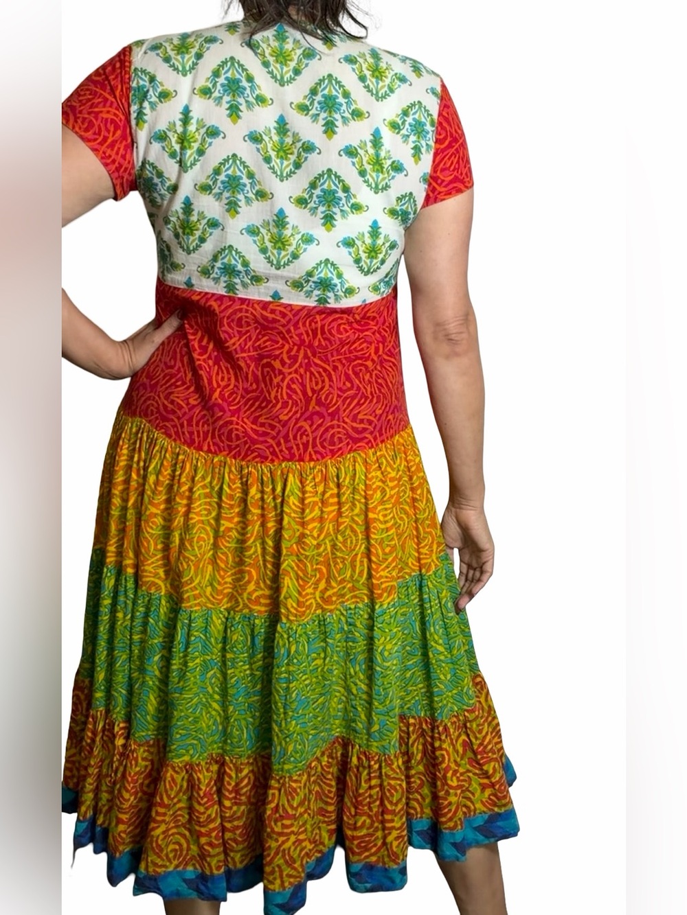 RAV-E Colorful Tiered Midi Dress XL Boho Art to Wear Button Front Resort - Picture 5 of 15